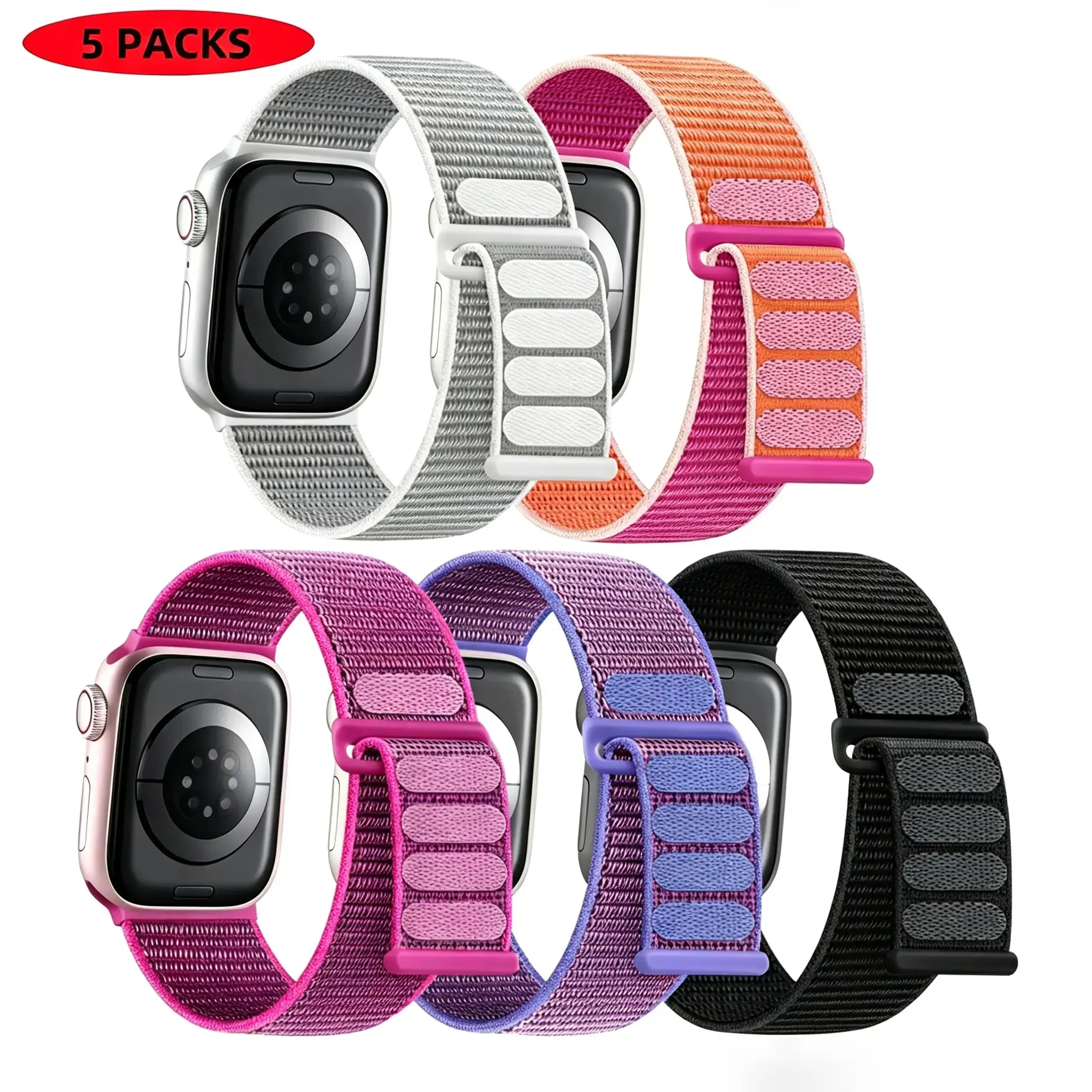 5-Pack Universal Nylon Smartwatch Sport Bands, Adjustable Hook-and-Loop Replacement Watch Straps for Smart & Wearable Devices, Set1