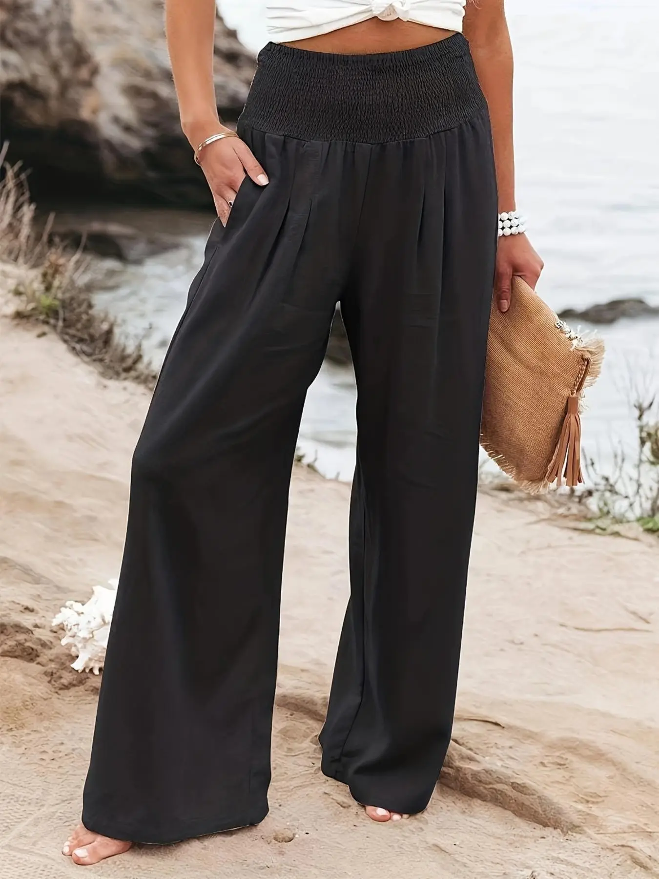 New High-Waisted Elastic Wide-Leg Pants for Women, Loose Fit Flowy Solid Color Casual Long Pants, Beach Vacation Versatile Fashion