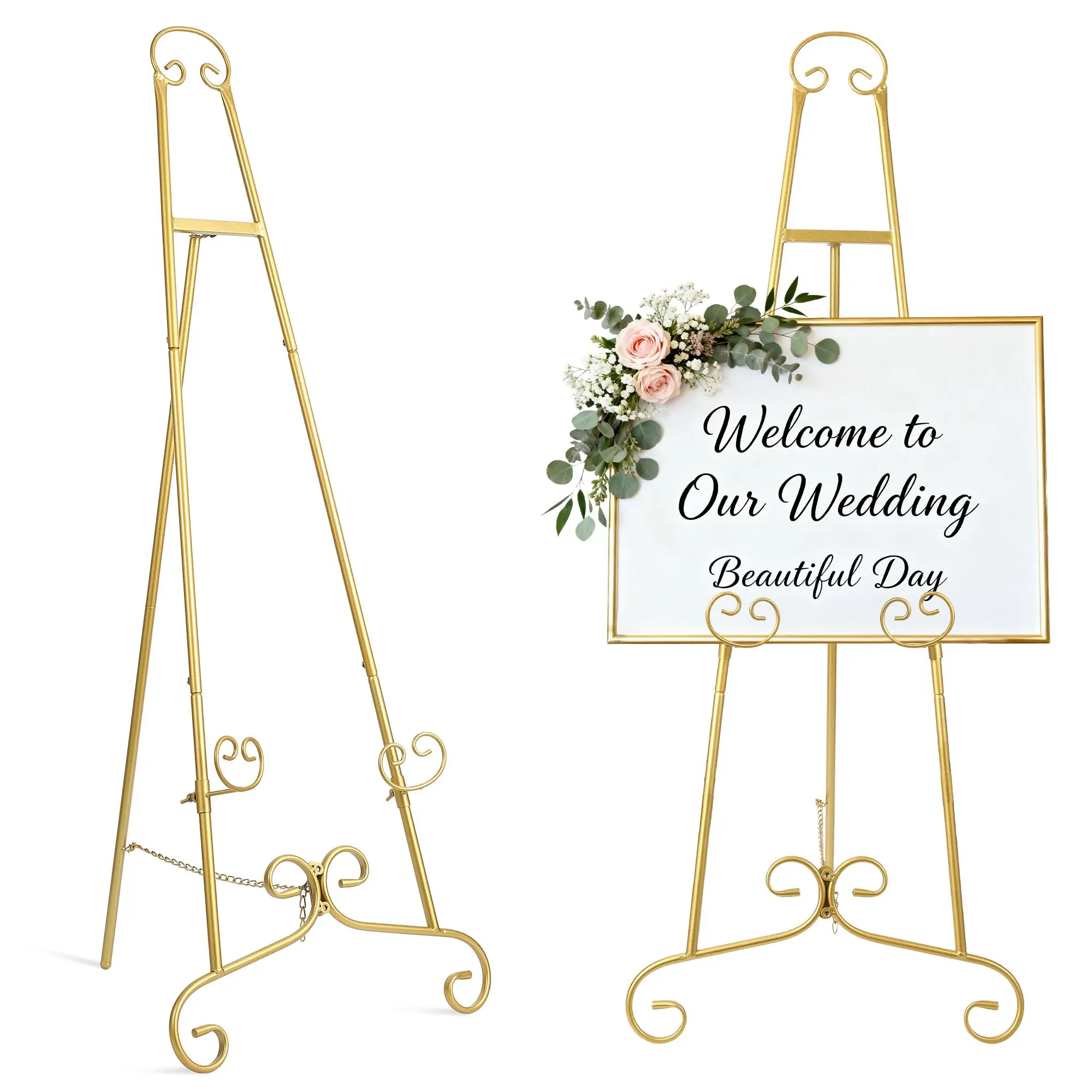 GAOMON Gold Adjustable Easel Stand for Wedding Welcome Signs - Heavy Duty Metal Floor Easel, 3-Level Height Adjustable with Chain Support, Polished Wrought Iron Display for Posters, Photos, Chalkboards