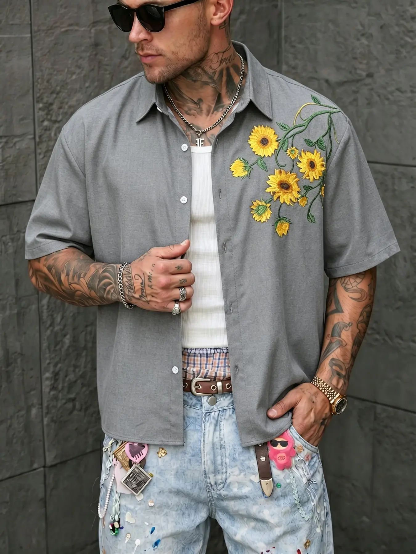 Men's Loose Fit Button-Down Shirt, Lightweight Knit Anti-Wrinkle Quick-Dry Top, Vintage Floral Print, Summer Casual Wear