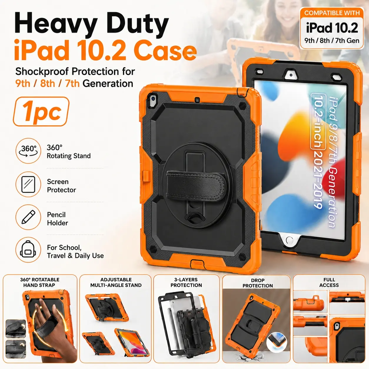 Heavy Duty iPad Protective Case with Screen Protector, Rugged Shockproof Tablet Cover with 360° Rotating Stand, Adjustable Shoulder Strap, Pencil Holder and Silicone PC Armor Design, Friendly iPad 10.2 Inch Case for School,Travel,Home,Office and Daily Use