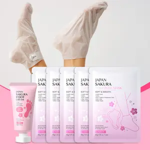 LAIKOU Japan Sakura Foot Care Set - 5 Pairs Moisturizing Foot Masks & 50g Soothing Foot Cream Kit for Dry, Rough and Hardened Skin, Renewing Foot Spa Treatment for Soft Feet