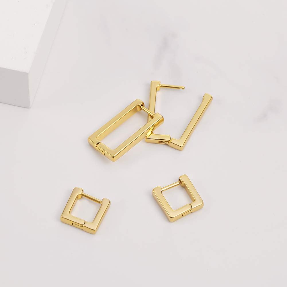 2 Pairs 14K Gold Plated Minimalist Hoop Earrings Small Dainty Geometric Square and Rectangle Huggies Hoops for Girls Women Gift, gold, silver and black