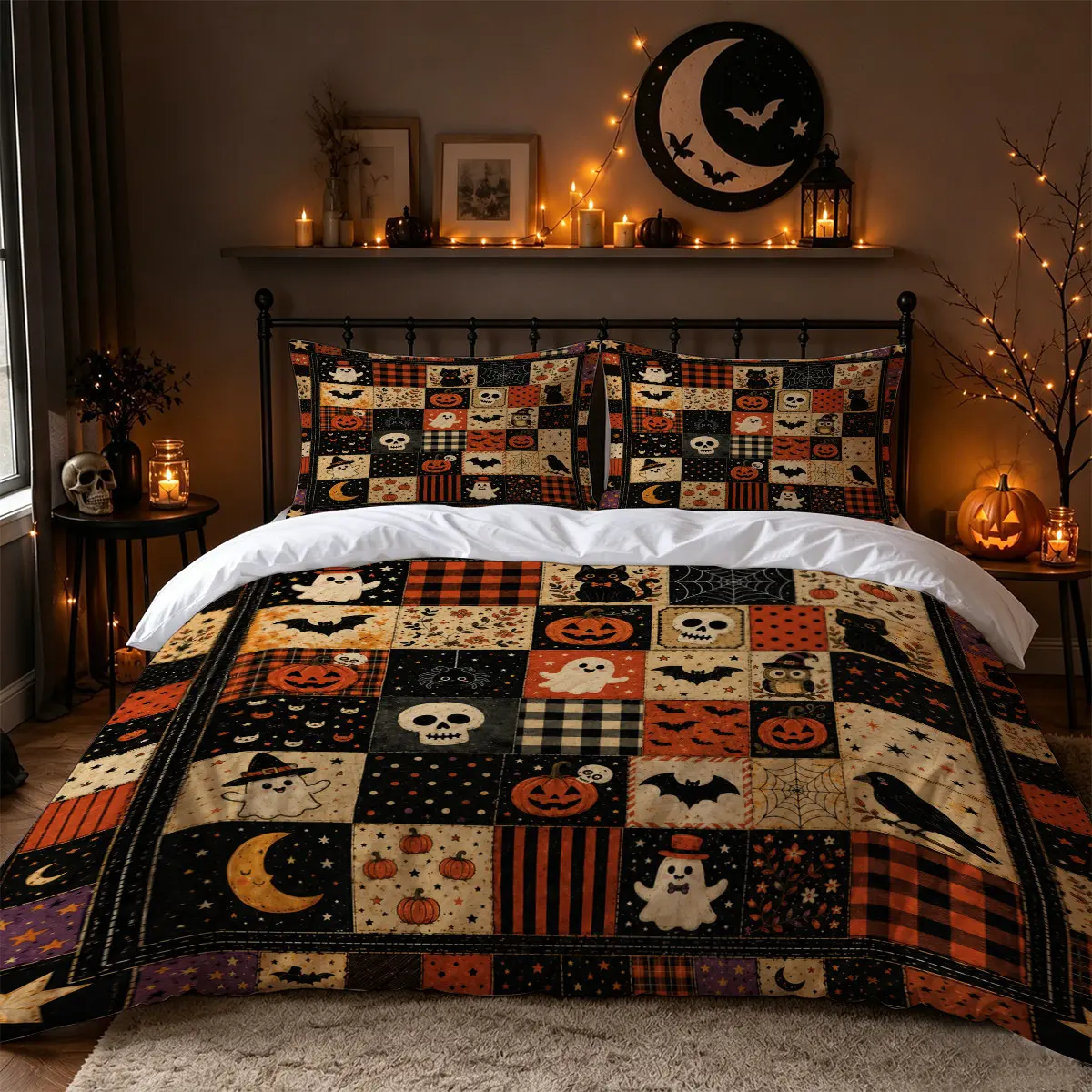 3Pcs Vintage Halloween Ghost Pumpkin Skull Black Cat Plaid Patchwork Print Duvet Cover Set, Rustic Farmhouse Orange Black Bedding with 1 Duvet Cover and 2 Pillowcases, No Comforter, Fall Bedroom Decor for Adults, Apartments, Dorms and Guest Rooms