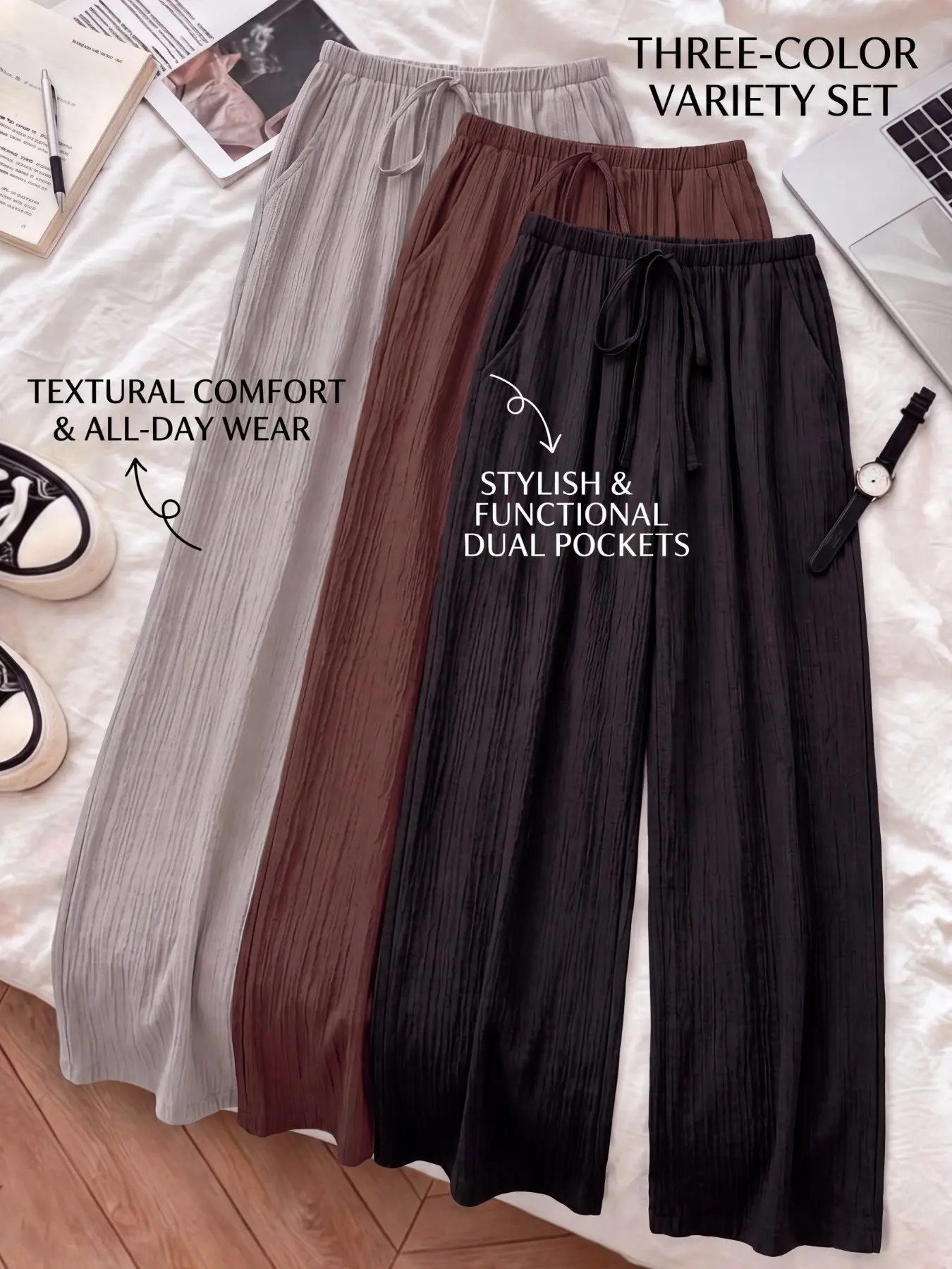 2026 Fall 3-Pack High Waist Wide Leg Pants, Adjustable Drawstring Waist, Breathable Office Trousers, Dual Pockets, Multi-Color Casual Style