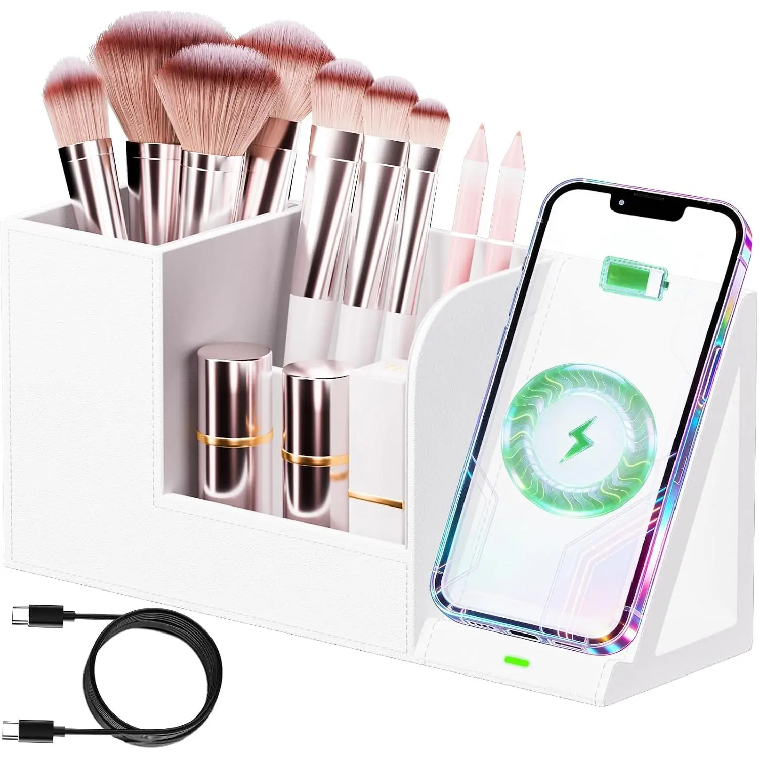 Leather Makeup Brush Holder Organizer with Phone  Stand, Makeup Organizers Countertop, Makeup Organization and Skincare Storage for , Desktop, Bathroom