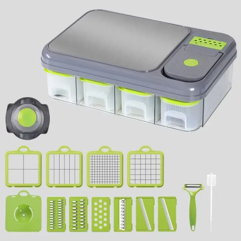 Multifunctional Stainless Steel Vegetable Cutter Chopper, Kitchen Cutting Board Slicer Dicer Shredder with Storage Box