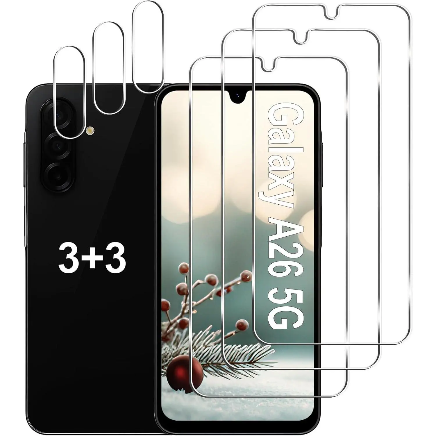 [3+3 Pack] Galaxy A26 5G Screen Protector + Camera Lens Protector, 9H Tempered Glass, Anti Scratch, Easy Installation, Bubble Free, HD Screen Protector for Samsung Galaxy A26 5G