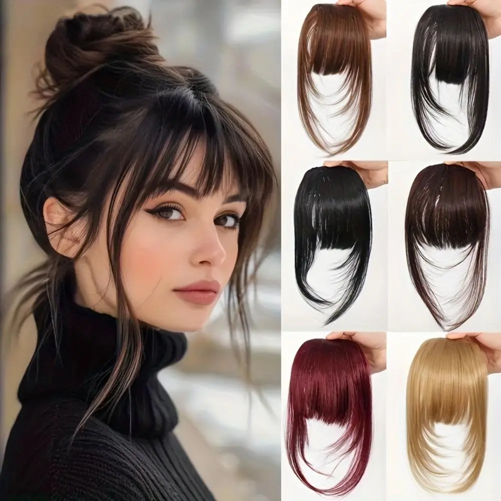 Women's Clip‑on French Bangs, Straight Simulated Fiber Hair Piece, Seamless Edge Invisible Fringe Extension, Natural‑Looking French Fringe for Daily Hairstyle Styling