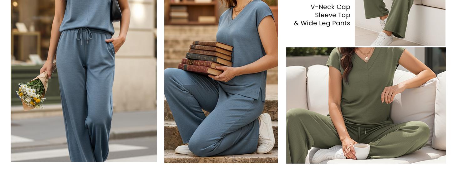 Casly Lamiit 2 Piece Outfits for Women Summer Casual V Neck Cap Sleeve Top & Wide Leg Pant Set Travel Lounge Clothes Soft Fabric Multiple Colors
