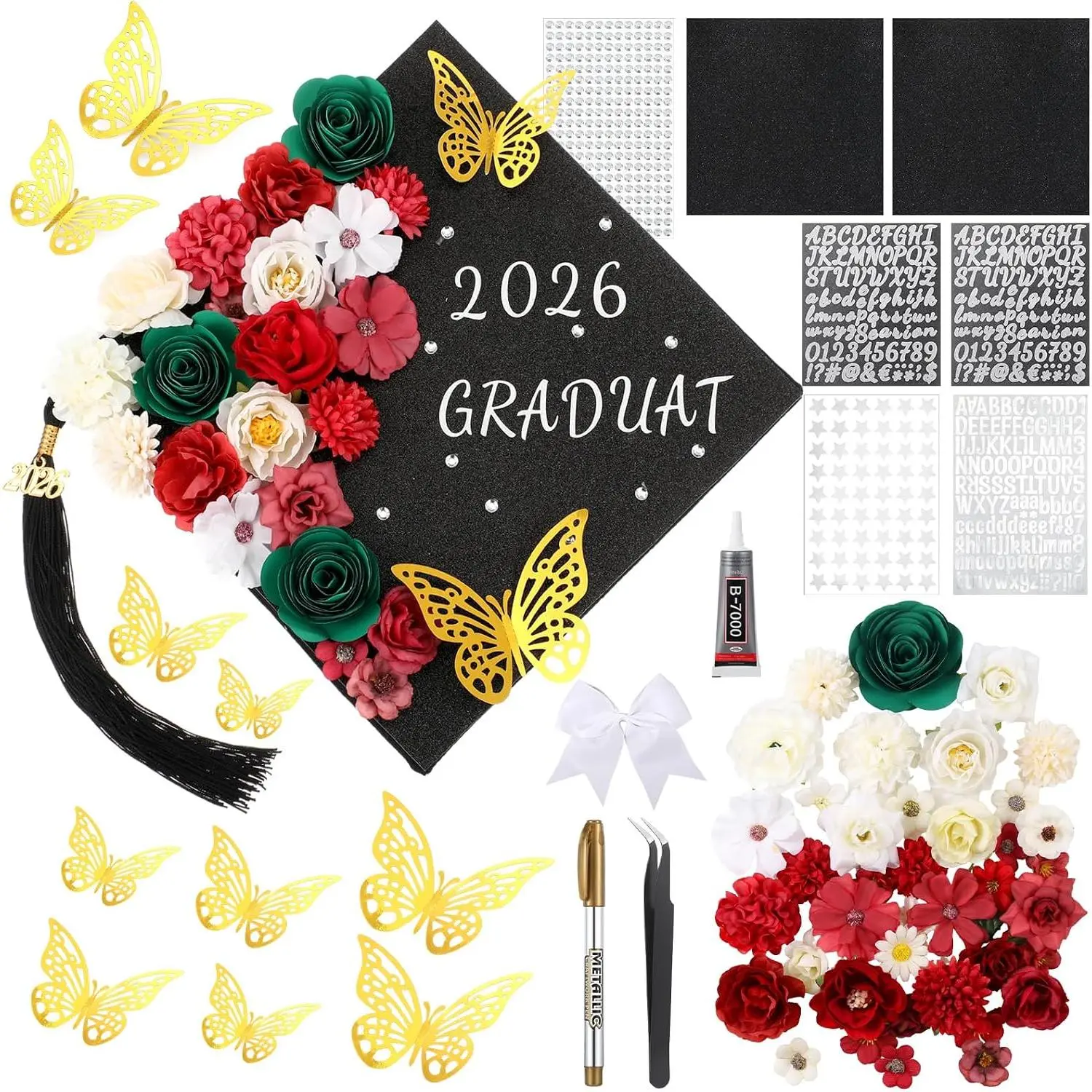 69-Count DIY Mexican Flag Graduation Cap Decorations Kit 2026 - Metallic Hollow Fabric Flowers, Letter Number Rhinestones, Butterfly Stickers, Faux Flower Heads for Graduation Party Gifts, Grad Hat Topper