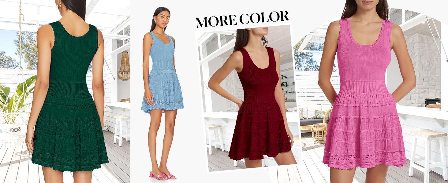 Fashare Womens Summer Mini Dresses Casual Crewneck Knitted Crochet Hem Flowy Tank Sundress  Sleeveless sundress prom dress