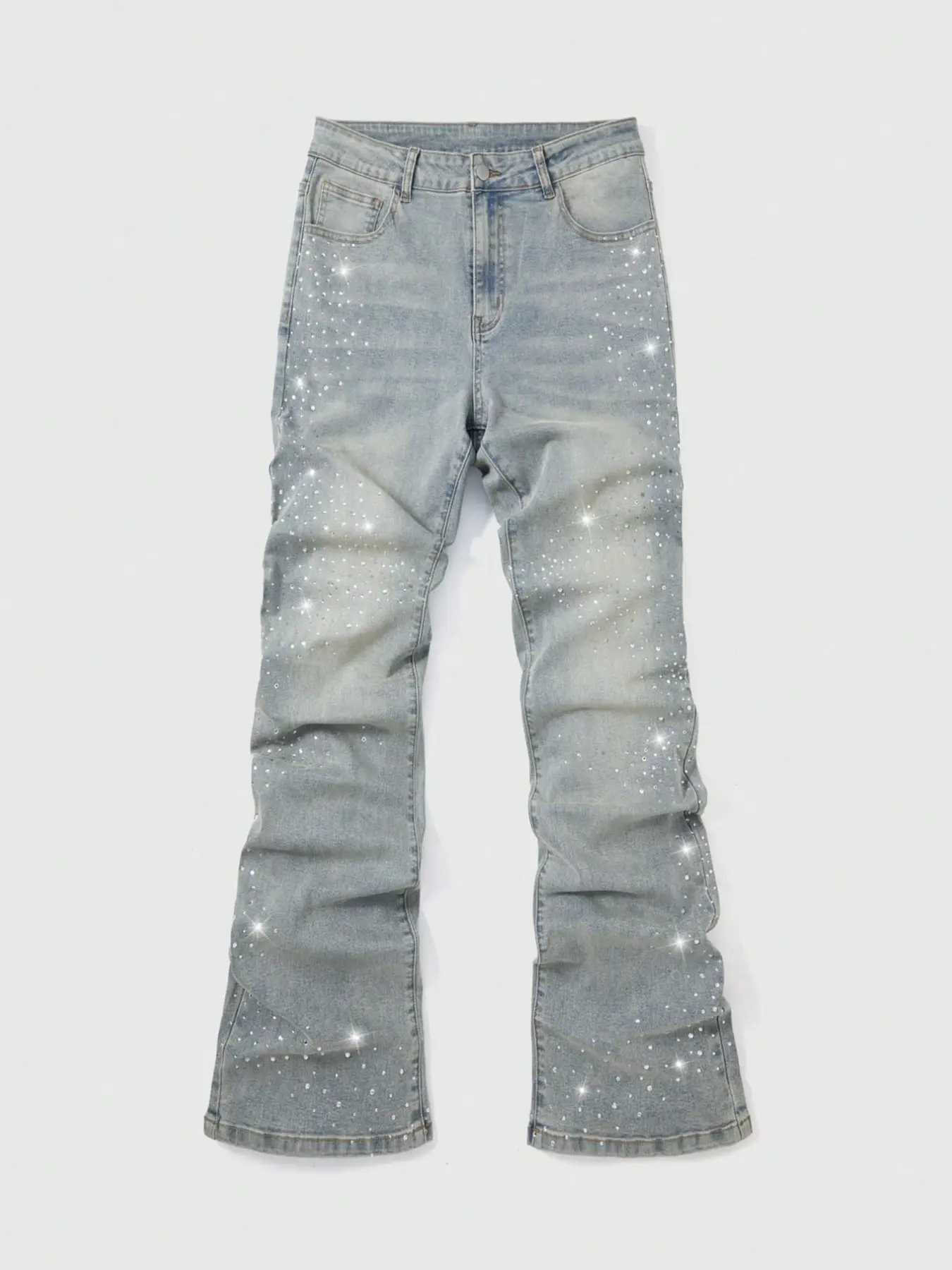 Men's American High Street Streetwear Rhinestone Ripped Micro Flare Denim Jeans, Light Blue Distressed Wide Leg Pants, Y2K Gothic Style, Fall Winter Fashion