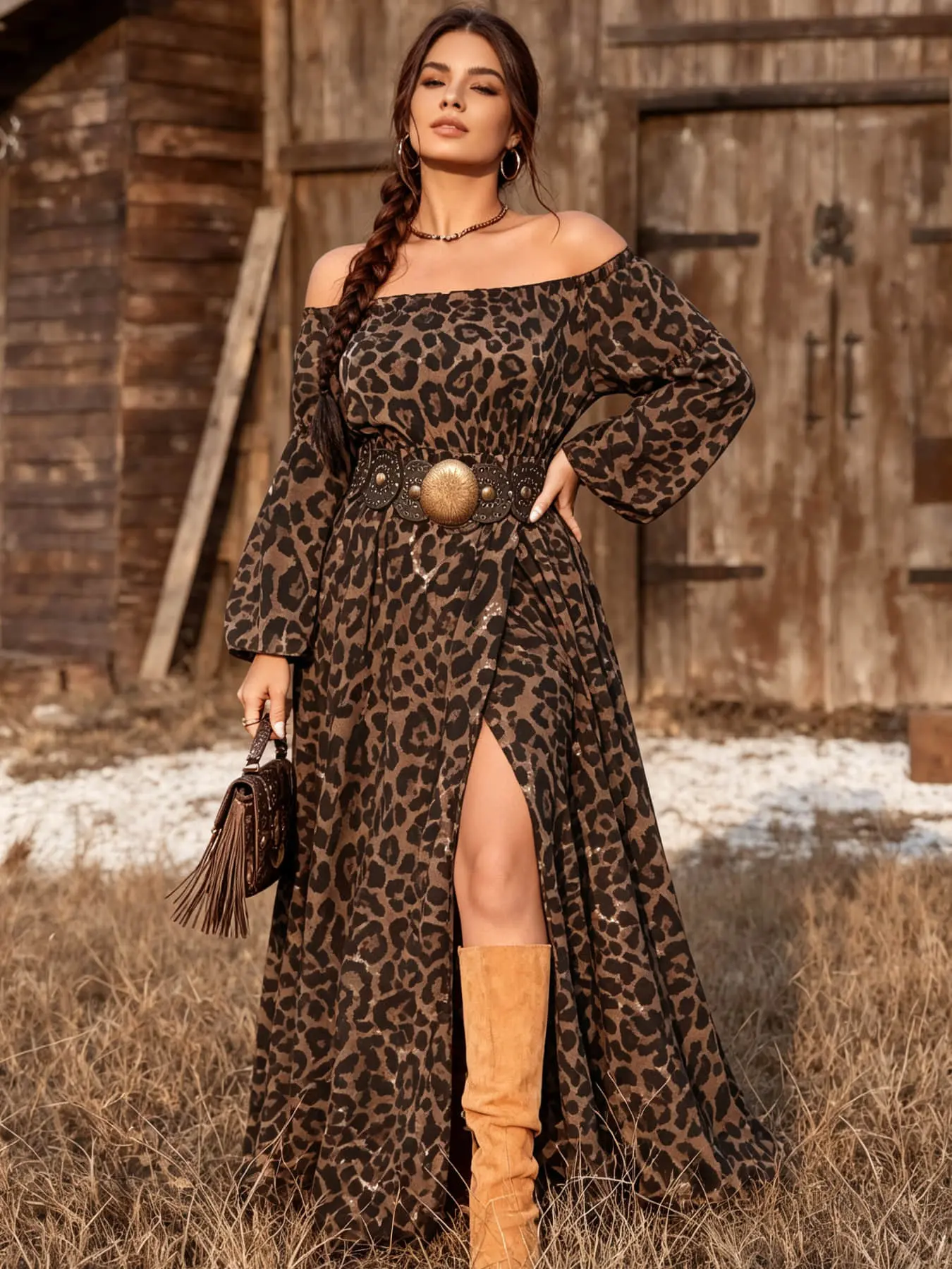 (Excluding belt) A fashionable retro Leopard Dress for women, with a one shoulder long sleeved swing skirt, suitable for commuting indoor and outdoor wear