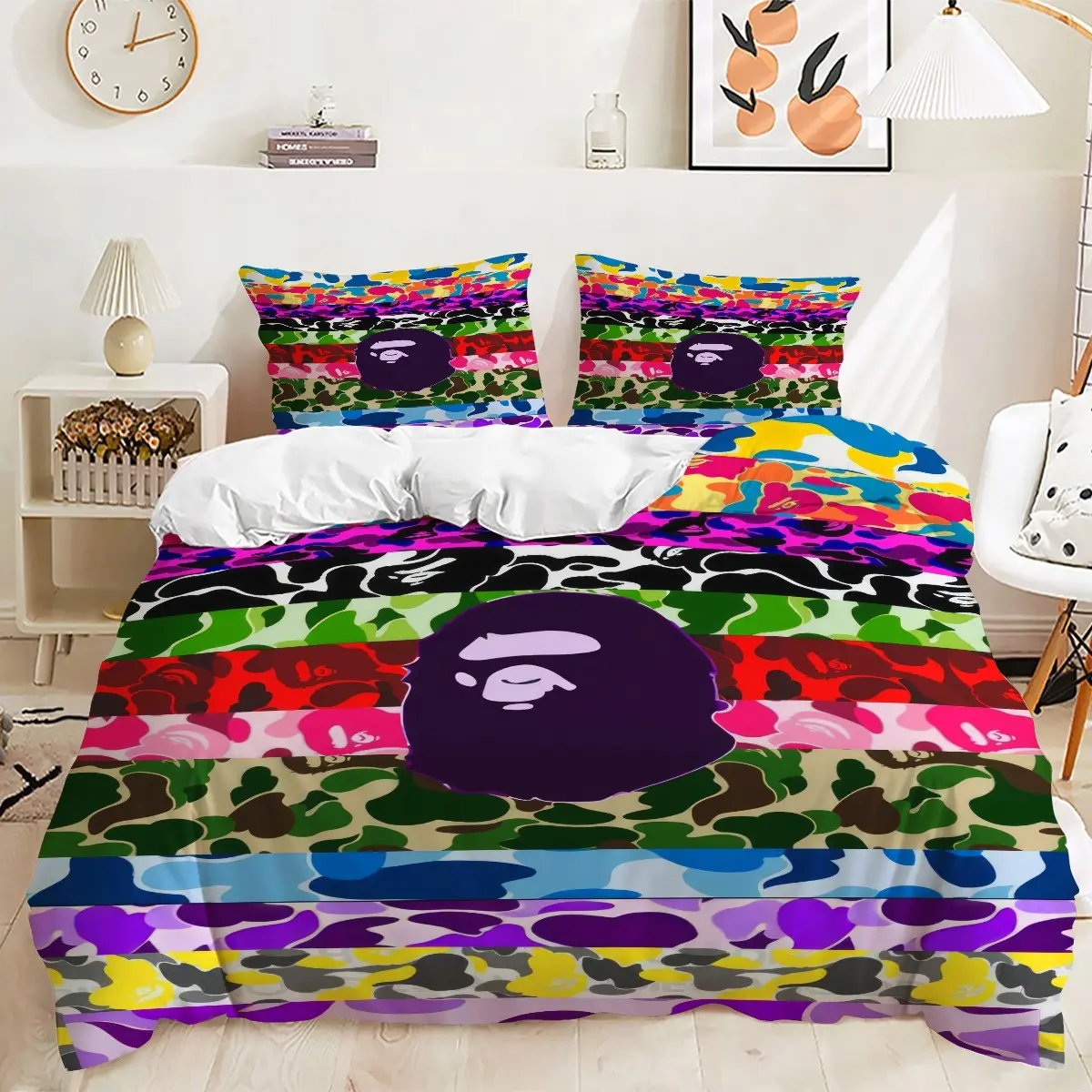 2/3Pcs Camouflage Monkey Head Pattern Duvet Cover Set, Trendy Print Bedding Set, Printed Bedding Set, Perfect for Teen Boy Bedroom, Streetwear Collector Room, Trendy Style Home Decoration, 1 or 2 Pillowcase, No Filling