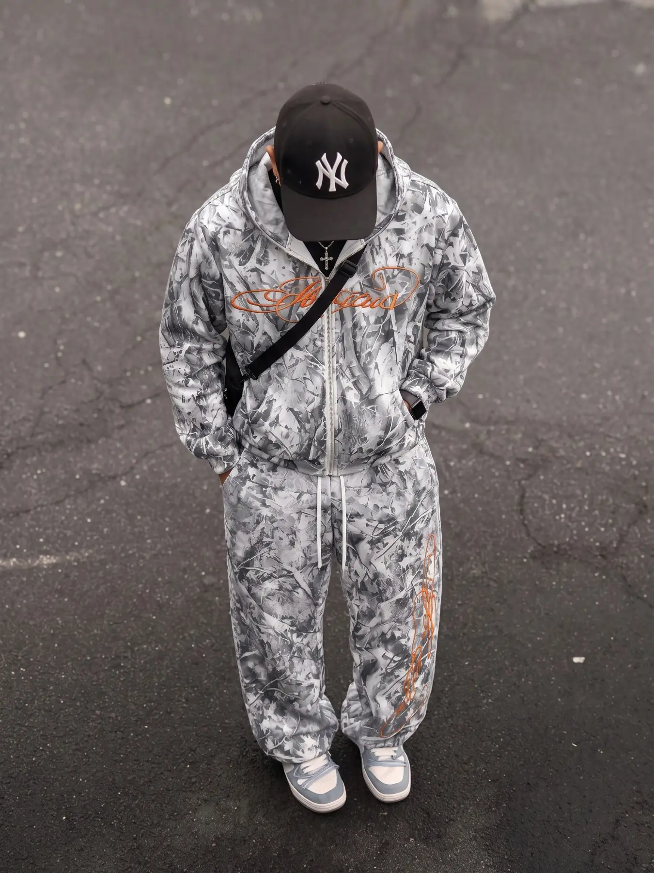 Unisex 2‑Piece Tracksuit Set, Grey Tree Leaf Camo Full Print Zip Up Hoodie & Wide Leg Sweatpants, Orange Script Signature Print Streetwear Outfit, boyfriend gifts, mens fashion, mens holiday outfits, ropa de hombre, menswear clothing, Hip Hop Casual Match