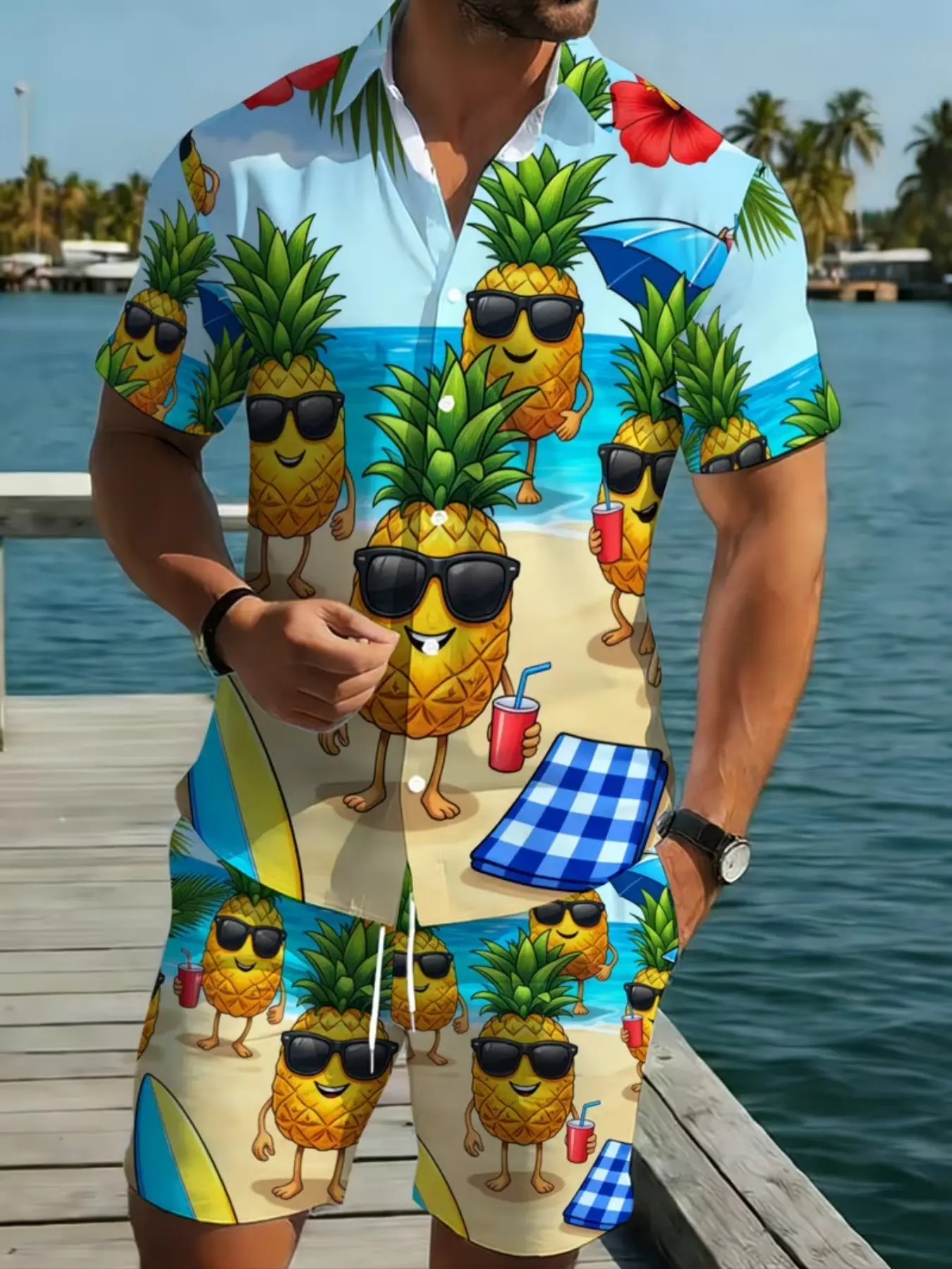 Men's Pineapple Print Hawaiian Shirt and Shorts Set, Lightweight Polyester Beachwear, Fun Summer, Durable and Comfortable