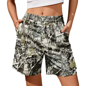 Bermuda Shorts for Women Cargo Shorts Knee Length 6 Pockets Elastic Waist Long Shorts for Summer CasualGift