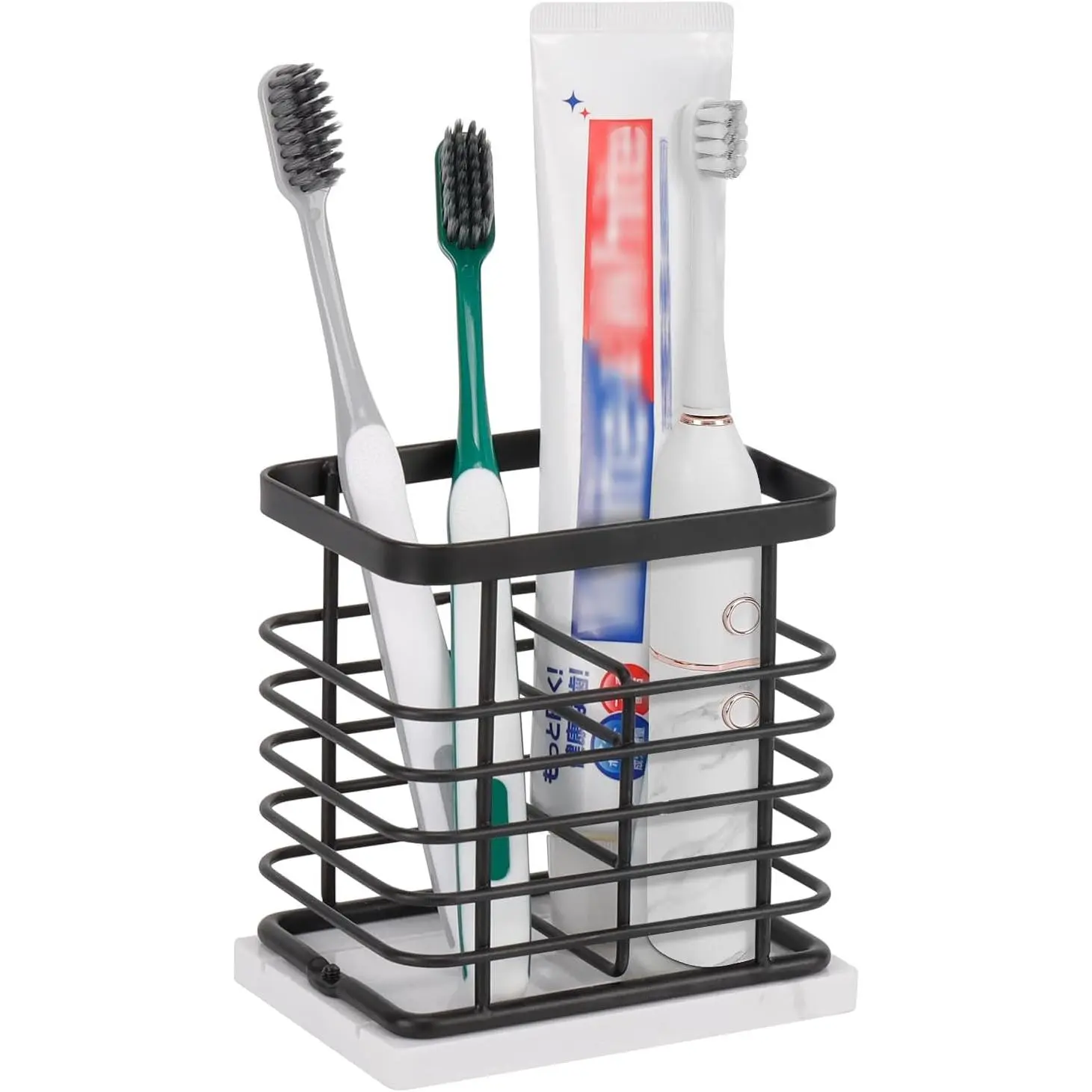Luxury Look Metal & Marble Countertop Toothbrush Holder, Compact Small Matte Black Bathroom Accessory with Multi-Slots Openwork Design for Storage Organization