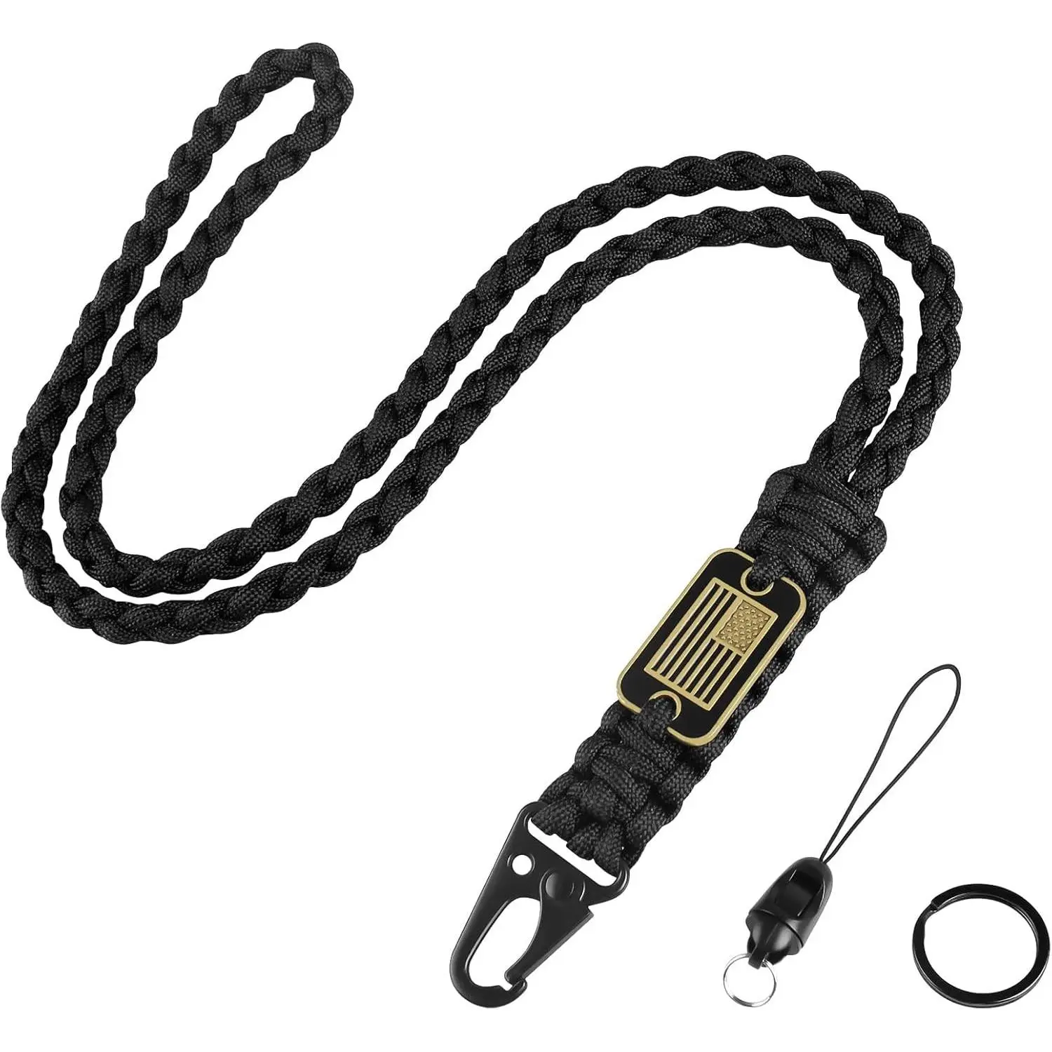 Long Heavy Duty Braided Keychain Lanyard for Men - Black Neck Lanyard with Cool USA Flag for Keys, Wallets, Whistle, Camera, Phone, Outdoor ActivitiesGift