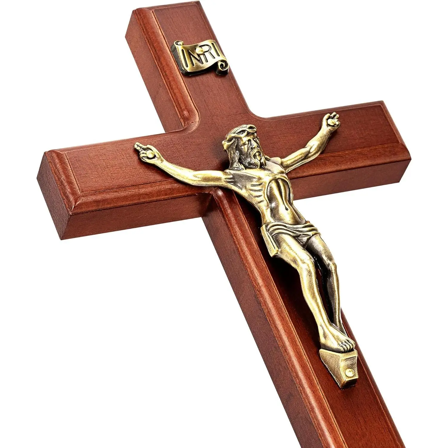 SISSIDA Crucifix Wall Cross, 12 Inch Catholic Crucifix for Wall Decor, Handmade Wooden Cross for Wall with Jesus Christ and INRI - Dark Brown & Antique Brass
