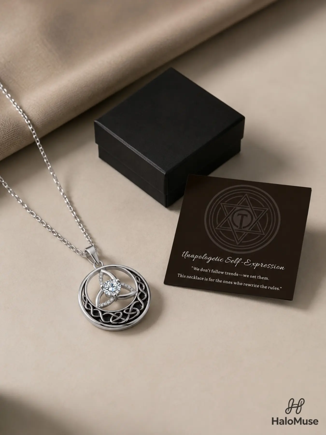 Halo Muse 1 Set Celtic Triquetra Diamond Necklace Gift Set, Vintage Silver-Tone Black Round Pendant with Jewelry Box and Message Card, Birthday or Anniversary Gift for Her