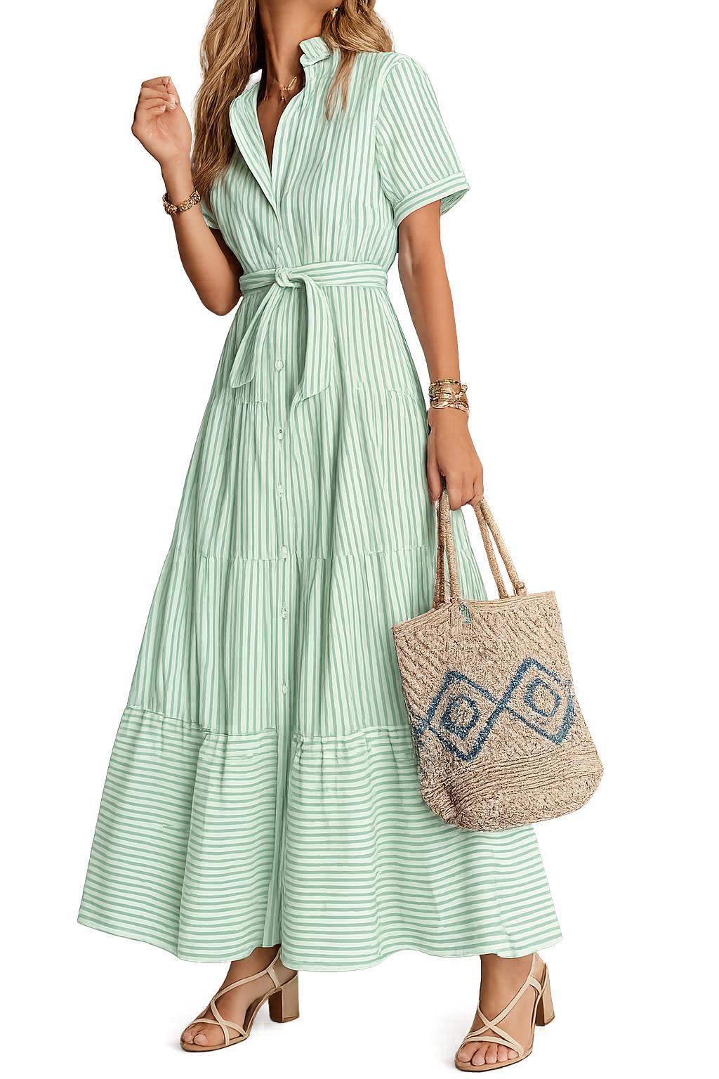 2026 Summer New French-style Dress Collar Striped Color Block Waist Tie Short Sleeve Long Dress Business Casual