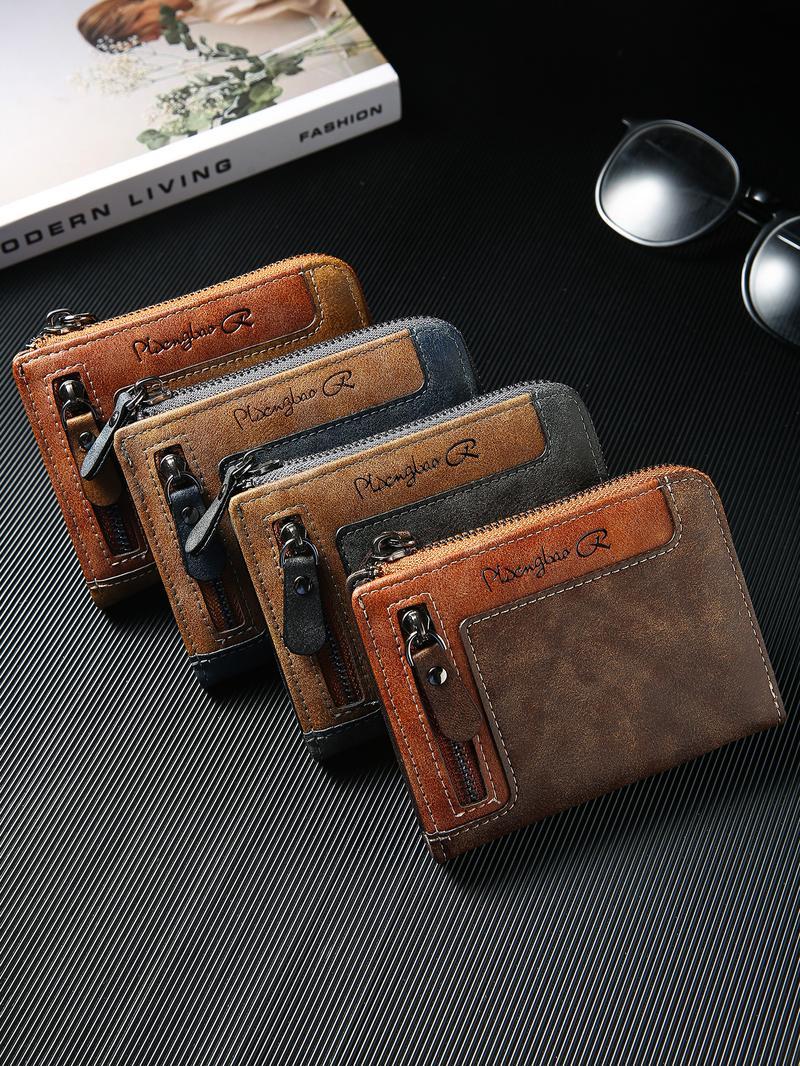 Premium Men's Short ID Card Holder Billfold Casual Leather Zipper Coin Purse Multi-Card Slot Portable Wallet