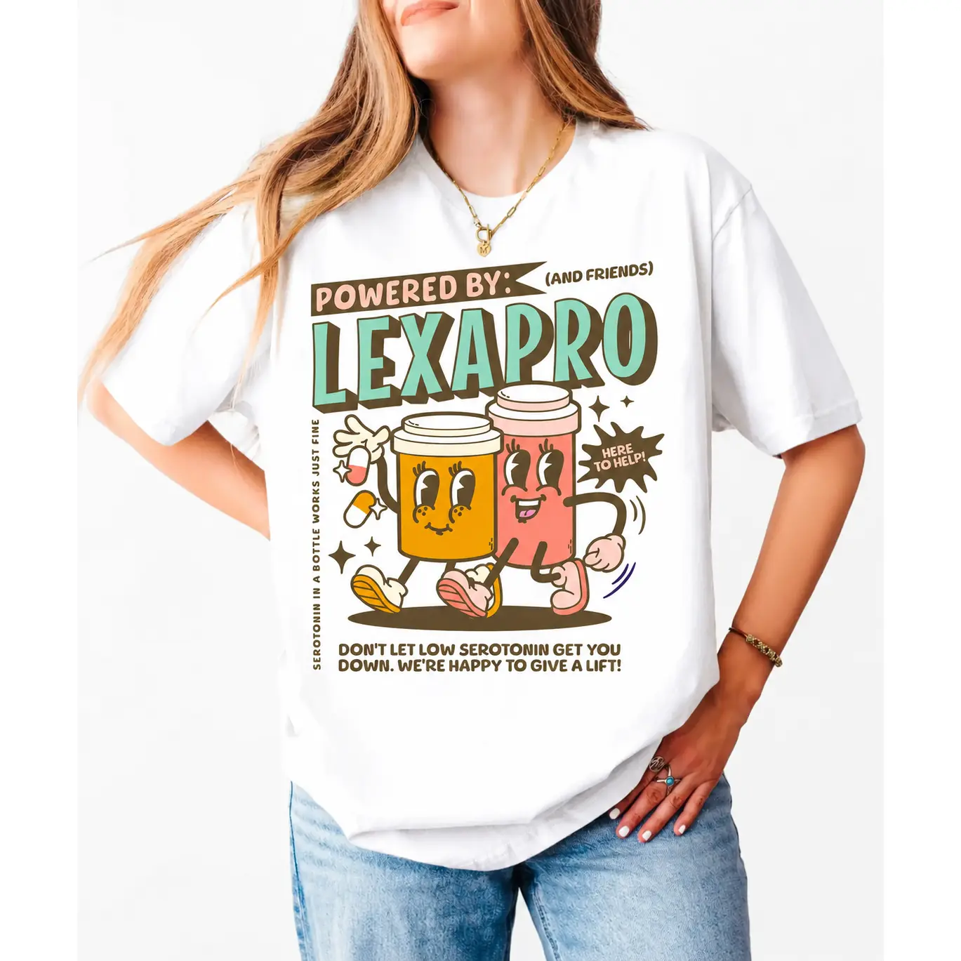 Women's Oversized Unisex Short Sleeve Cotton Graphic Tee - Funny Dark Humor Mental Health, Anxiety Awareness, Lexapro-Powered Print, Everyday Casual Top with Comfortable Fabric Fit, Soft, Trend, Tshirt, Streetwear, Cold Wash, Oversized Fit