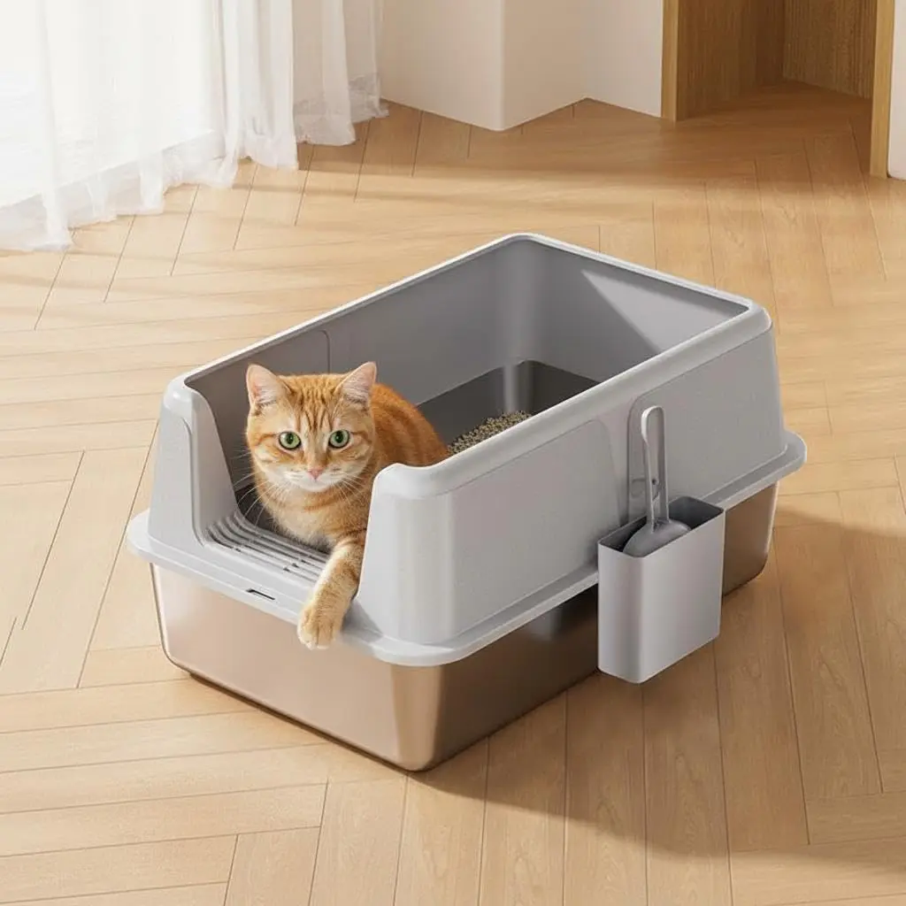 60cm Stainless Steel Litter Box with PP Splash Guard – High Sided, Odor-Resistant & Easy-Clean – for Large Cats & Multi-Cat Homes, 3 Colors