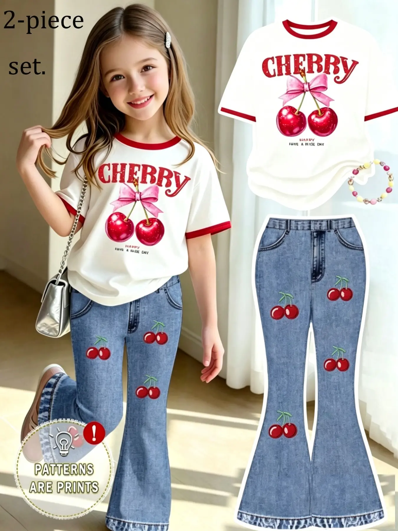 Girls' Cute Cherry Two-Piece Set, Summer Clothing Set, Colorblock Cherry Letter Print T-Shirt + Cherry Embroidery Bell Bottom Jeans, Suitable for 4-12 Years