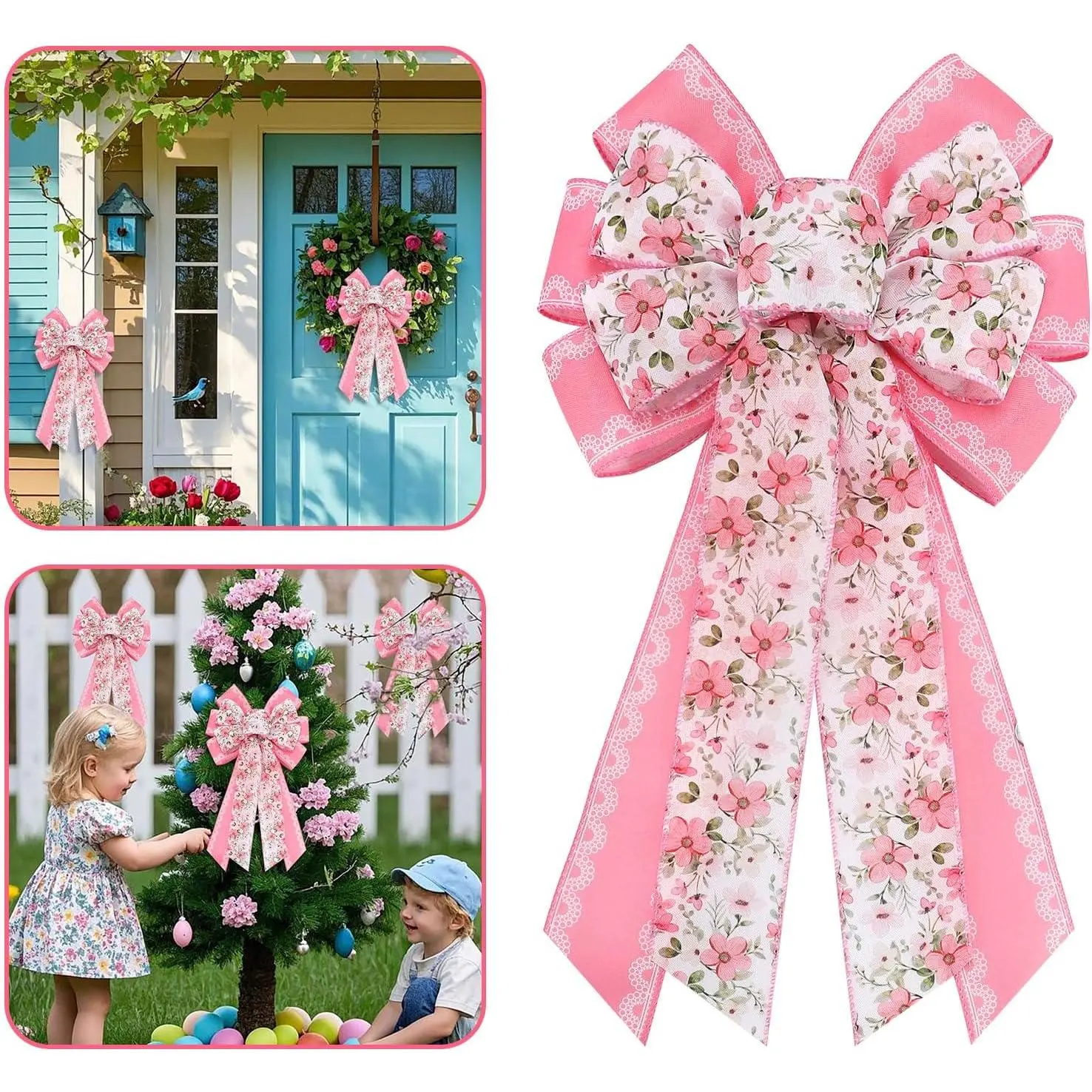 Large Spring Bow for Wreath, Summer Wreath Bow for Front Door  Floral Ornament Bows for Spring Indoor Outdoor Birthday Party  Decoration