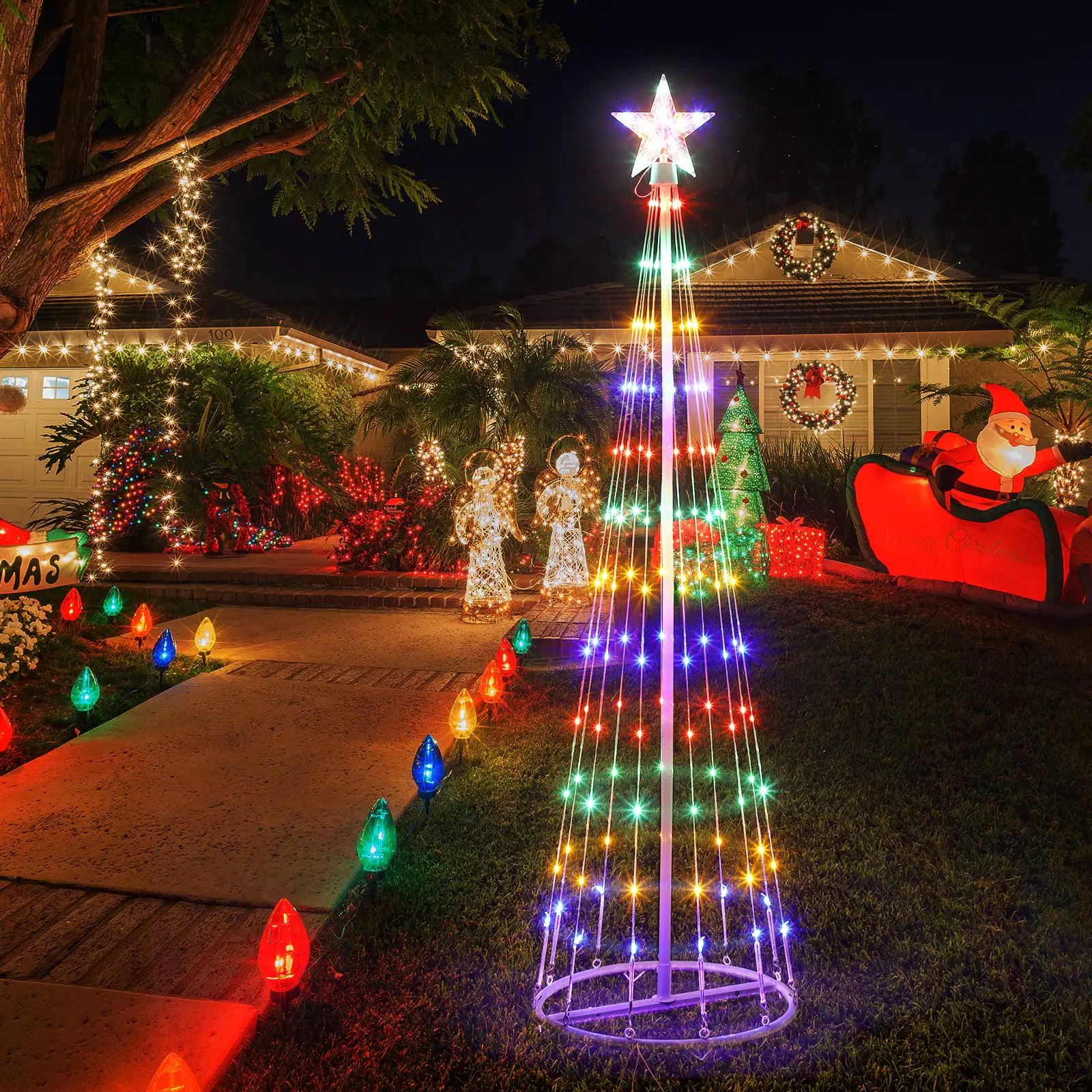 6FT Multicolor LED Light Show Christmas Tree with Star Topper, 8 Lighting Modes Weatherproof Lighted Cone Xmas Tree, Foldable Metal Frame Holiday Decor with Ground Stakes for Yard Lawn Indoor Fireplace
