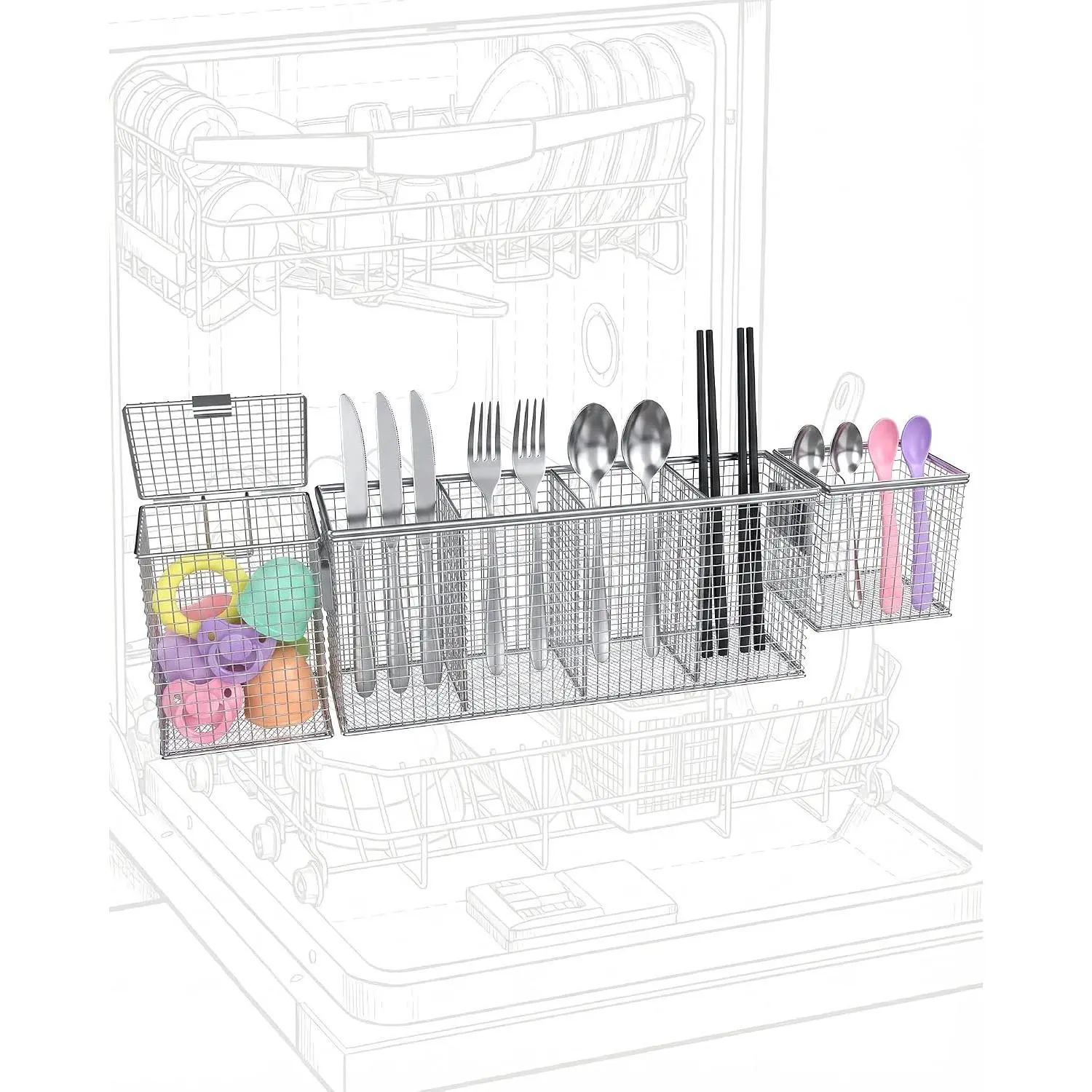 3-in-1 Dishwasher Silverware Basket Set, 304 Stainless Steel | Covered basket holds bottle  | Open basket holds utensils/straws | Fine mesh prevents drops |  to last
