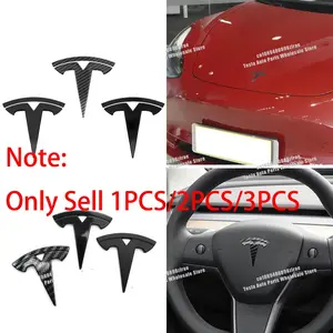 1/2/3Pcs For Tesla Model 3 Model Y 3D ABS Car Front Hood Bonnet Emblem Sticker Auto Body Rear Trunk Badge Car Steering Wheel Center Logo Sticker Decal Decoration Car Styling Accessories