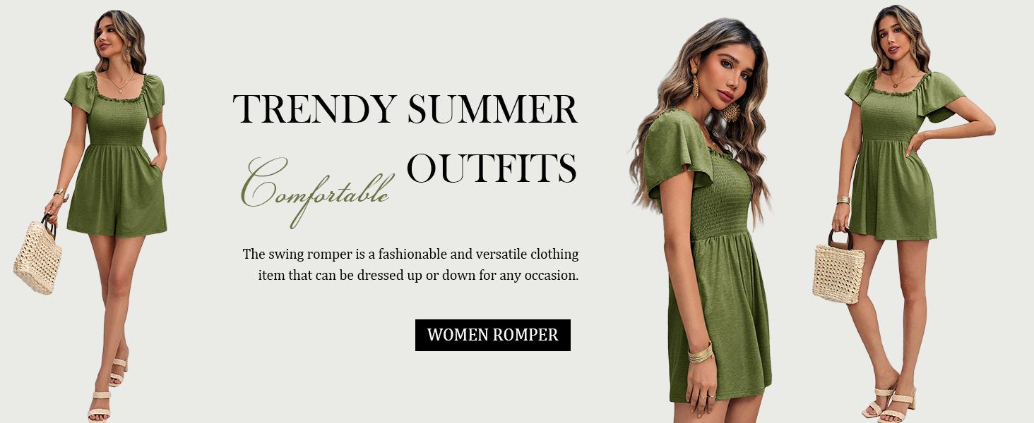 Imily Bela Womens Summer Smocked Romper Ruffle Sleeve Square Neck Flowy Short Jumpsuit Beach Vacation Outfits