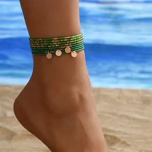2pcs/Set Green Small Rice Beads Anklets For Women Gold Color Round Disk Foot Chain Ankle Bracelet Beach Jewelry Summer Accessory
