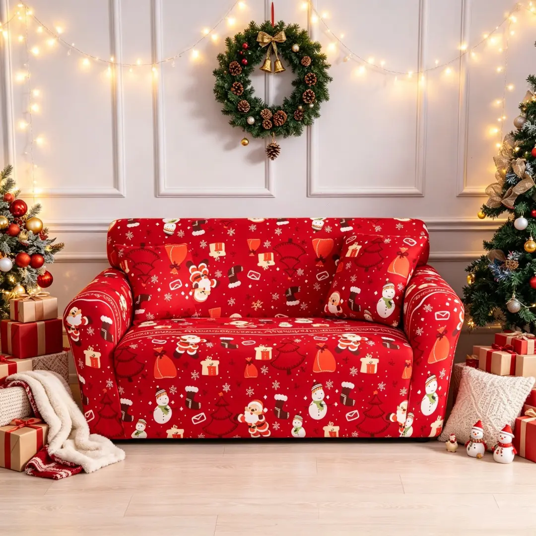 Stretchable Christmas Sofa Cover with Pillowcase, Santa and Reindeer Design, Universal Elastic Sofa Protector for Living Room, Bedroom, Holiday Decor