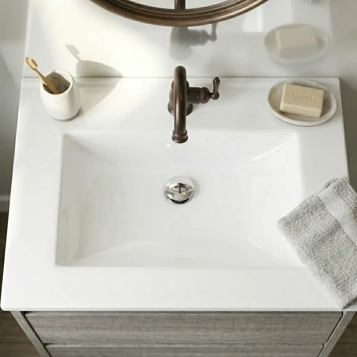 White Rectangular Porcelain Drop-In Bathroom Sink - 24" W x 18" D Vanity Top Mount, Single Pre-Drilled Hole, Overflow Drain, Ceramic Replacement for Bathrooms