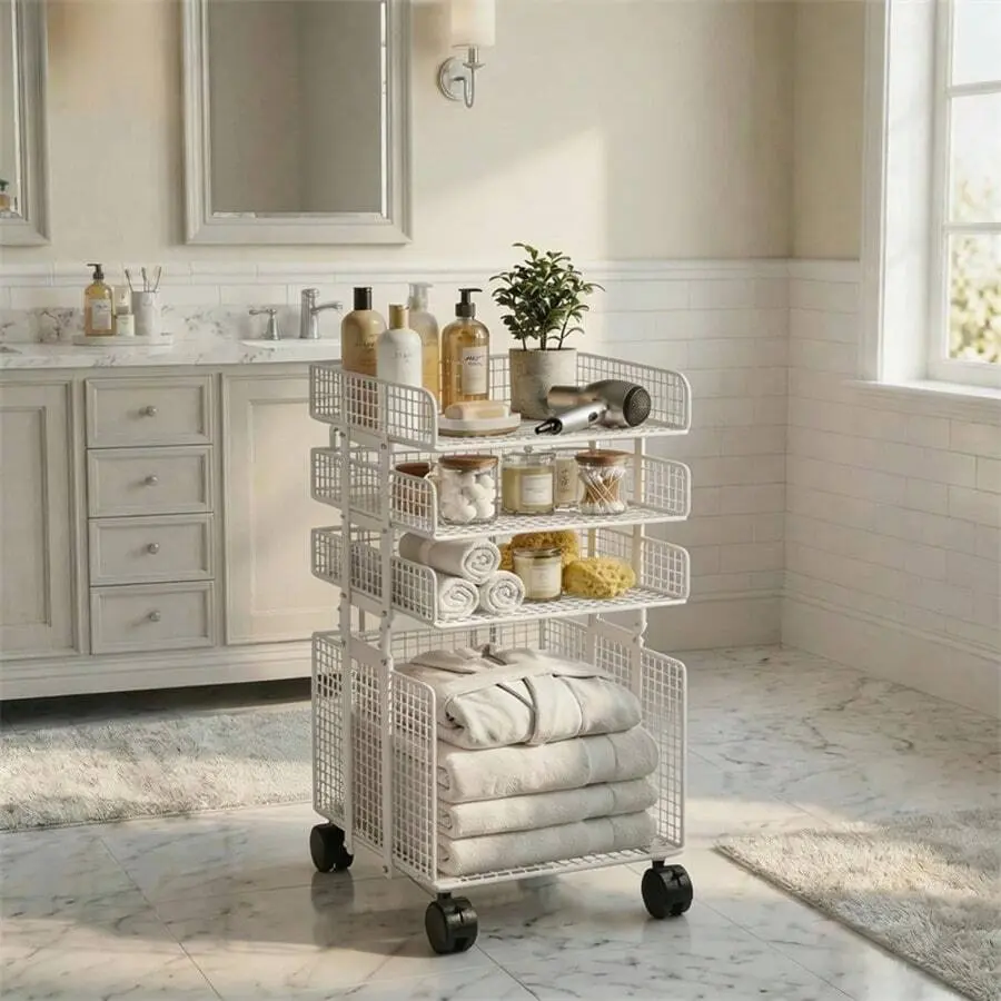 4-Tier Rolling Utility Cart With Wheels, Metal Storage Organizer Cart For Bathroom, Kitchen, Laundry | White Wire Shelving Unit With 4 Open Shelves & Large Bottom Basket, Heavy Duty Mobile Cart For Bedroom, Office, Dorm, | Multi-Purpose Org