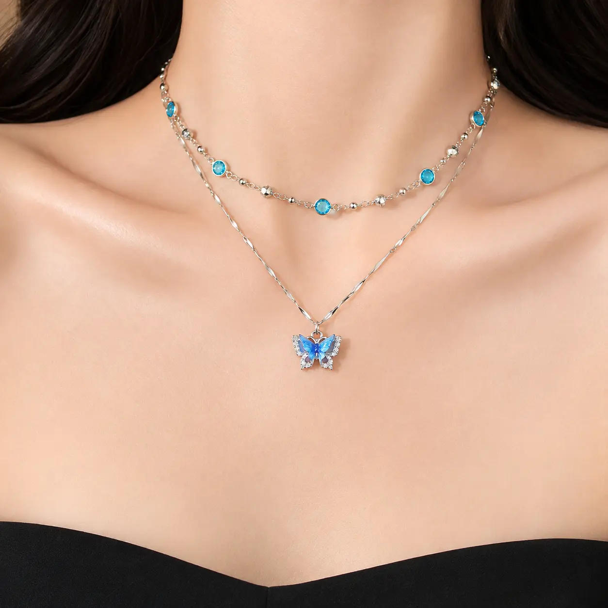 Layered Blue Butterfly Crystal Necklace