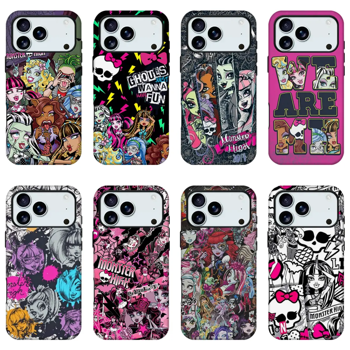 Monster High Punk Collage Y2K Vintage Colorful Phone Shell - Skull Bow, Lightning Slogan, Group Character Print, Shockproof Protection, Easy Installation, Fits iPhone 11-18 Pro Max & Samsung, Edgy Goth Doll Fan Gift, Mobile Phone Accessory