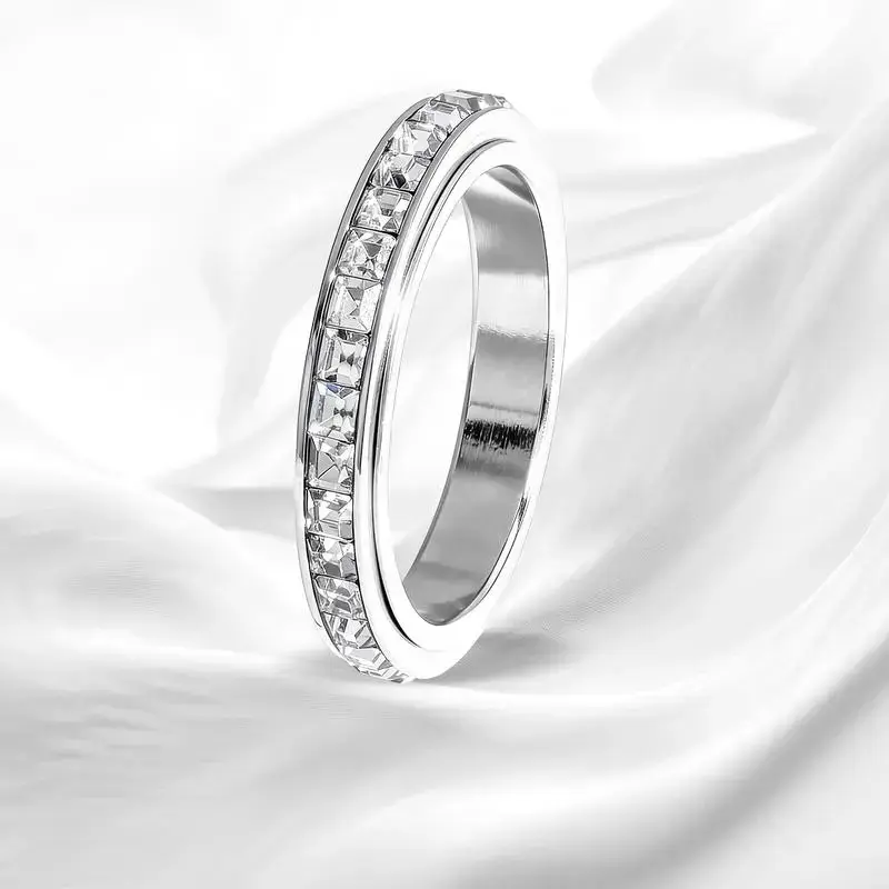 Unisex Titanium Steel Rotatable Anxiety Ring - Bezel-Set Cubic Zirconia Spinner Fidget Band, Soothing Comfort Fit Daily Wear, Sizes 5-10