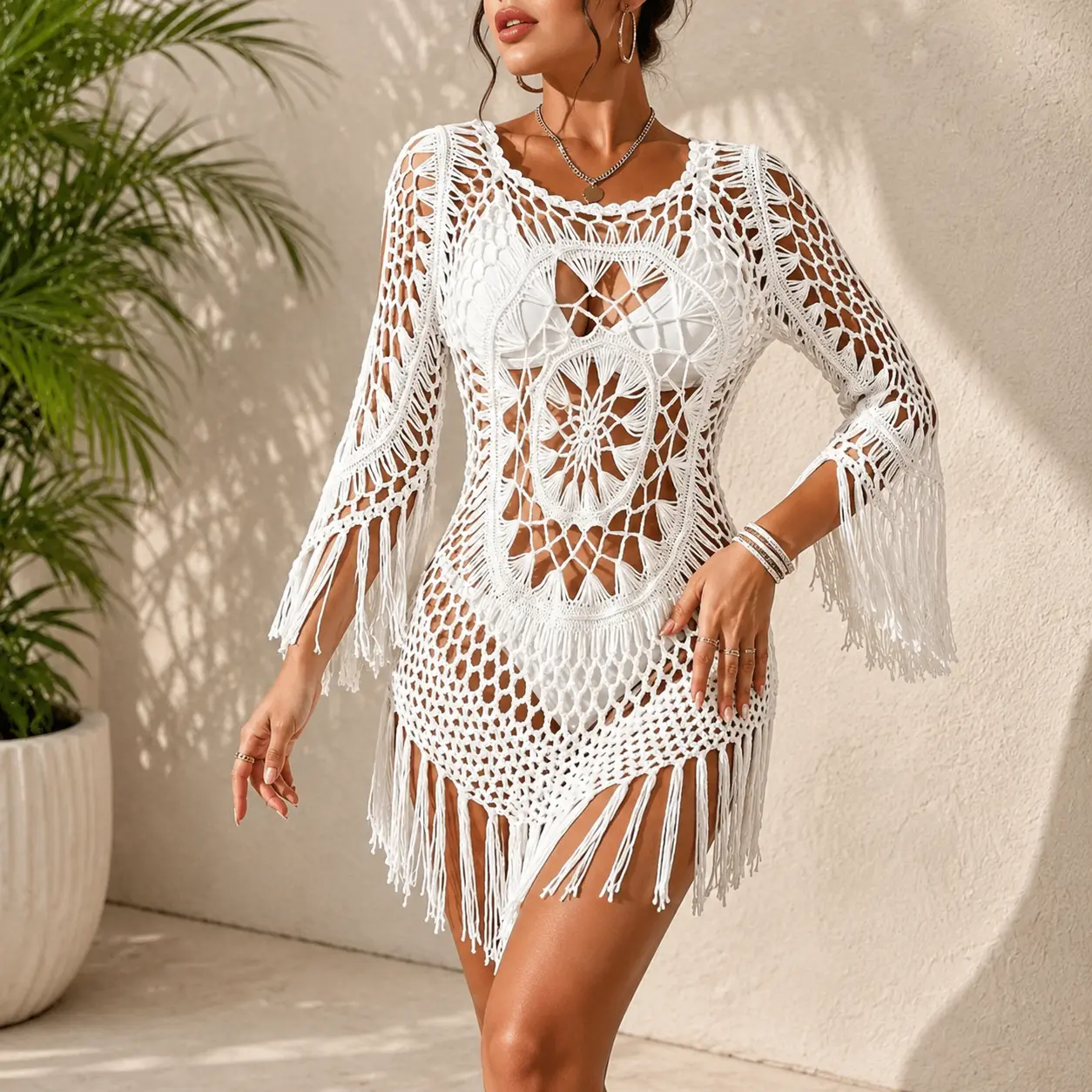 Women's 2026 Handmade Crochet Swimsuit Coverup, Floral Hollow-Out Tassel Sleeveless Casual Bikini Dress, Boho Surfwear Cover Up, Swimsuit Coverups