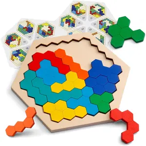 Wooden Hexagon Puzzle for Kid Adults - Shape Pattern Block Tangram Brain Teaser Toy Geometry Logic IQ Game STEM Montessori Educational Gift for All Ages Challengefidget toys