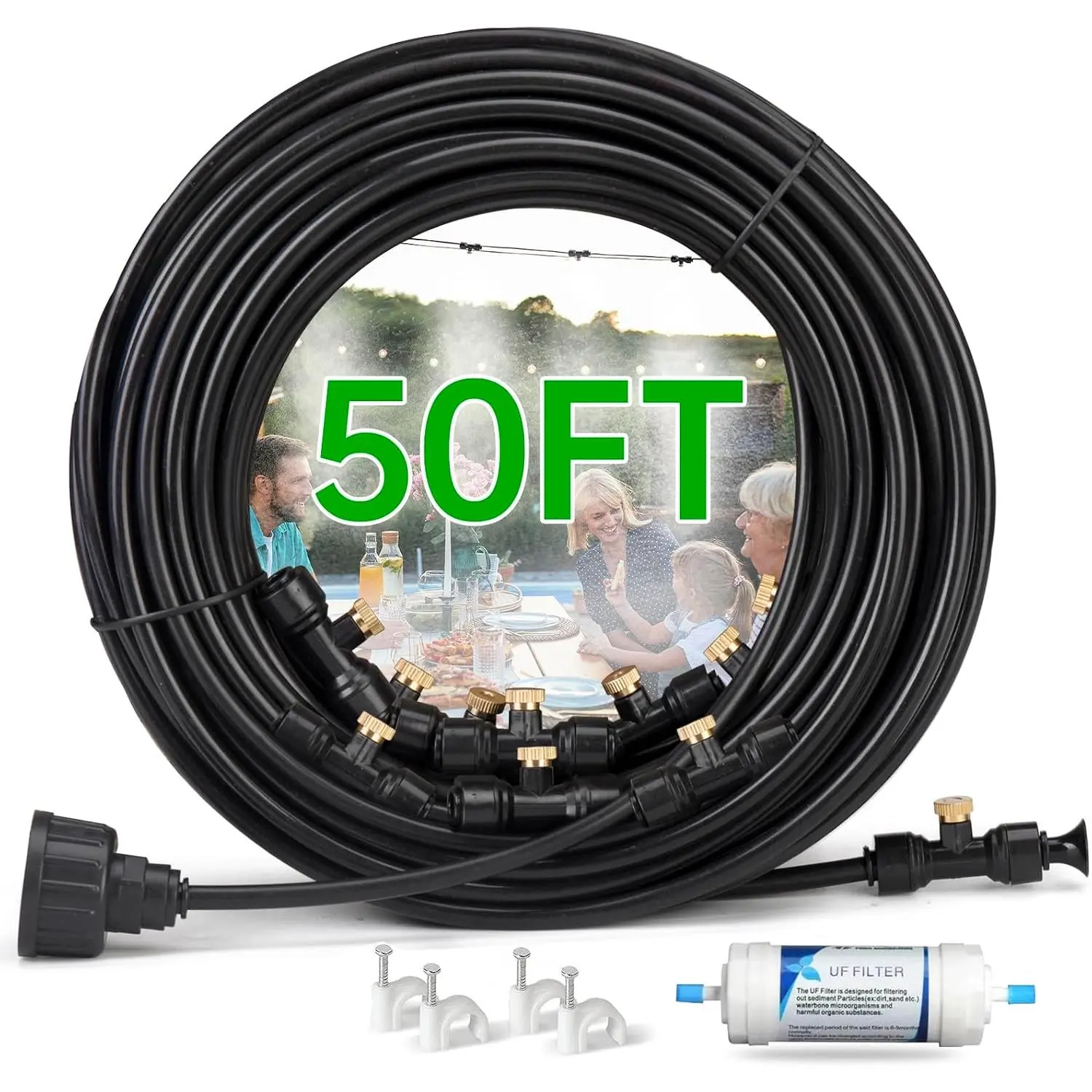 50FT Outdoor Misting Cooling System‌ - Patio Garden Kit with ‌Brass Nozzles & UV Tubing‌, DIY Install for ‌Pool, BBQ, Greenhouse‌, Water-Saving High  Cooler