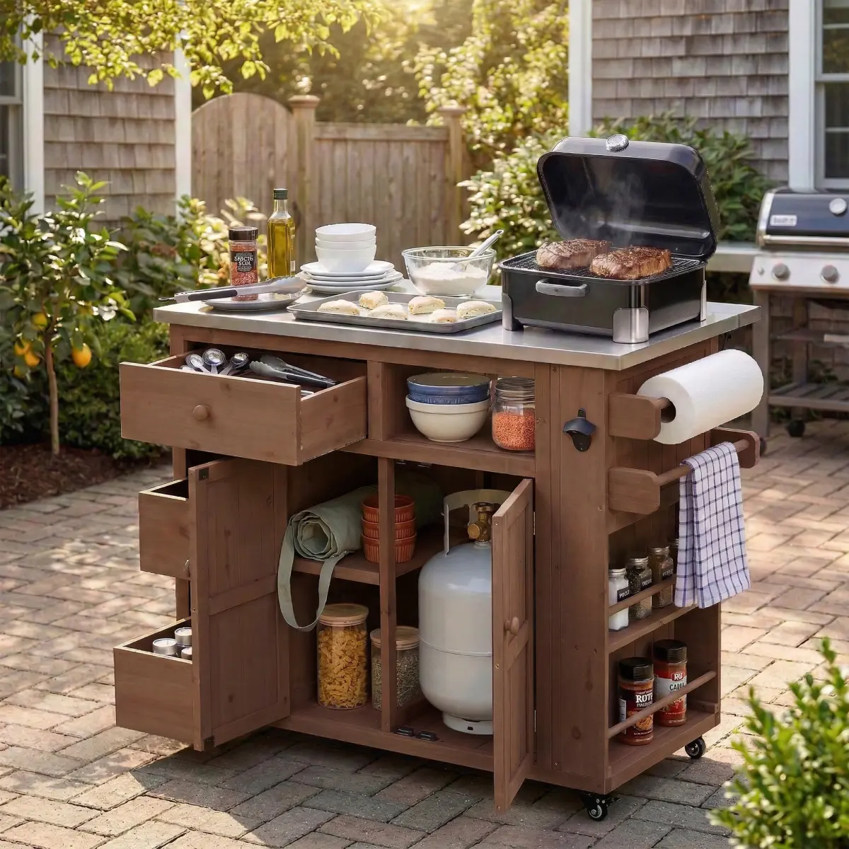 AobtkelTOPMAX Rectangular Single Unit Outdoor Solid Wood Extendable Top Kitchen Island (19.3in/28in), Stainless Steel Top Grill Table with Side Spice Rack, Drawers, Storage Cabinet, Wheels for Backyard BBQ