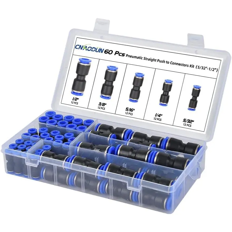 60Pcs Quick Connect Air Hose tings 5/32" 1/4" 5/16" 3/8" 1/2 inch OD Pneumatic Push-to-Connect tings Kit Air Line  5/32 1/4 5/16 3/8 1/2 inch OD Tube