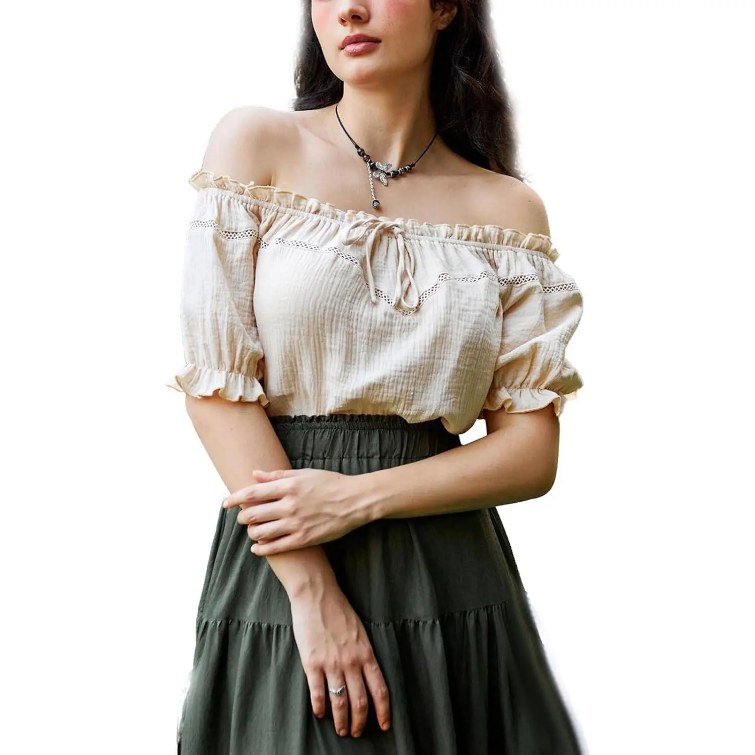 Women's Off Shoulder Peasant Blouse - Cotton Summer Top with Puff Sleeves, Casual Loose Fit, Soft Breathable Fabric for Ren Fairs and Relaxed Outings(Gift)