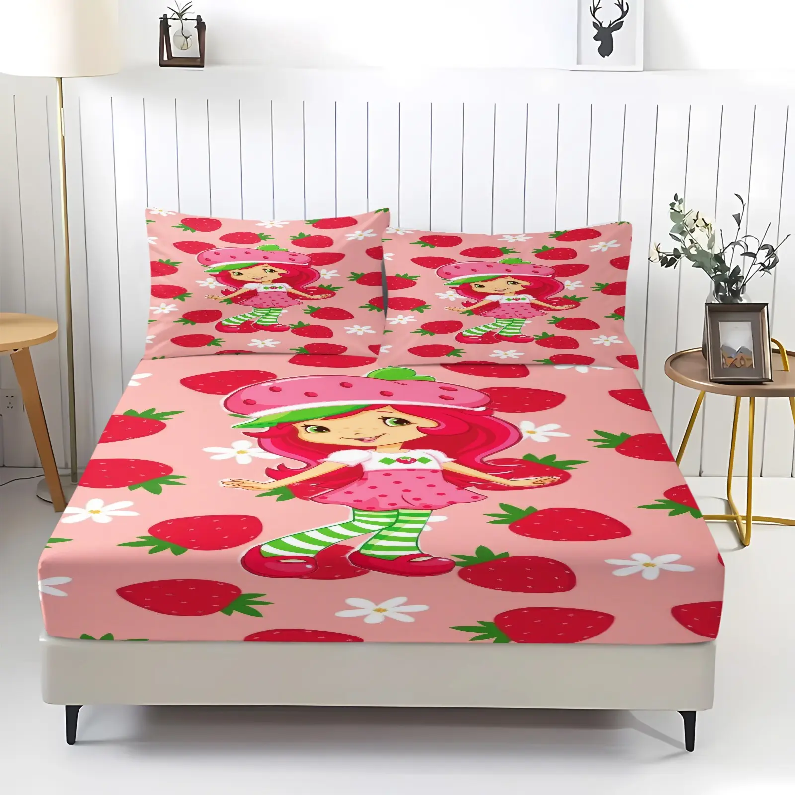 3pcs Strawberry Girl Print Fitted Sheet Set: Cute Cartoon Character Bedding Set, Soft And Comfortable, Includes 1 Fitted Sheet And 2 Unfilled Pillowcases, Deep Pocket Design, Suitable For Children'S And Girls' Bedroom Decor, Bedsheet Set